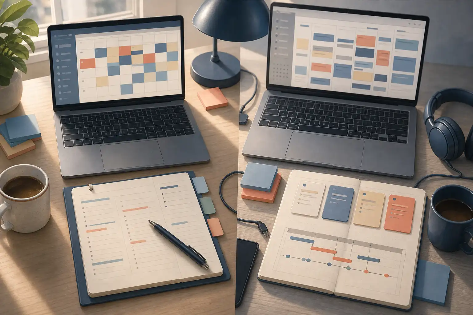 Digital editorial illustration of a remote-work planning desk viewed from above, split subtly into two organized halves: on the left, a paper daily plan beside a laptop showing a calm color-blocked calendar; on the right, a laptop with an automatically rearranged calendar grid, task cards, and small project timeline elements. Include a coffee mug, headphones, desk lamp, sticky notes, charging cable, and a small houseplant. Soft morning window light, muted blue, warm cream, and coral accents, tidy but realistically used desk, no people, no readable text or logos.