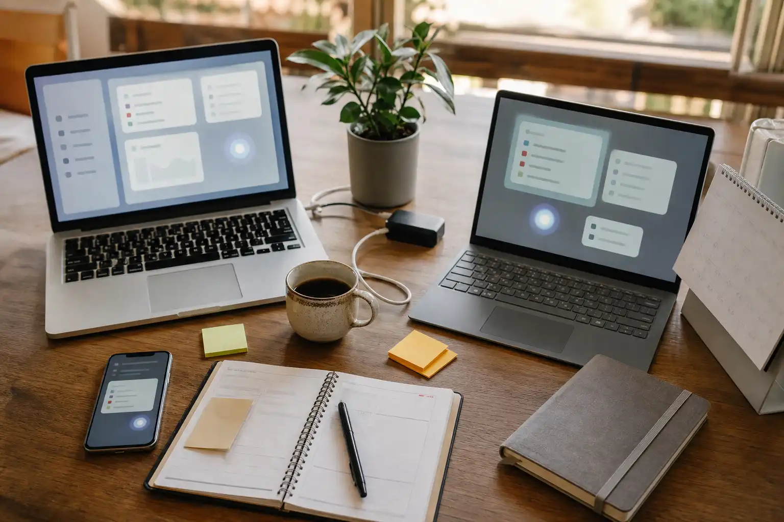Photorealistic editorial still life of a tidy founder's desk split into two work zones: on the left, a silver laptop and iPhone beside a small paper planner and a ceramic coffee cup; on the right, a modern Windows laptop beside a desk calendar and a closed email notebook. Both screens show abstract, unbranded task cards and soft glowing assistant-style suggestion dots with no readable text. Include a few sticky notes, charging cables, a small green plant, and late-afternoon natural window light. Overhead three-quarter composition, calm realistic colors, no people, no logos, no text.