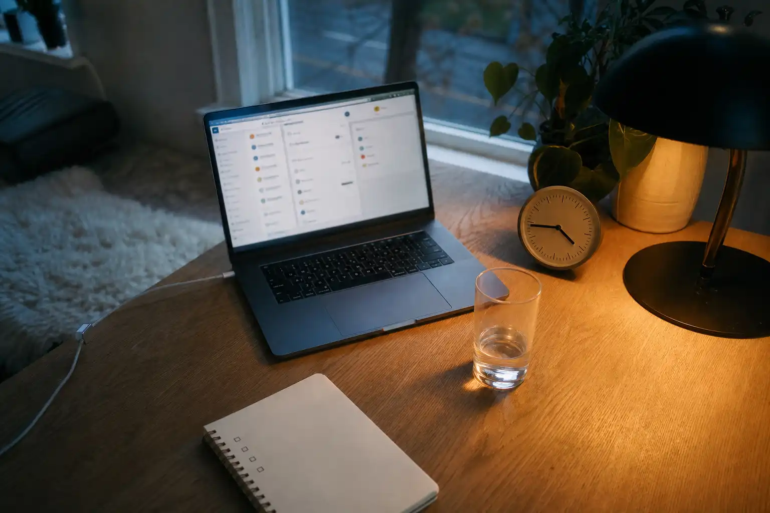 Editorial digital photograph of a quiet founder workspace in late afternoon: an open laptop showing an abstract task interface with no readable text, a small analog clock near 4:45, a half-finished glass of water, a notebook with simple blank checkboxes, charging cable, desk lamp casting warm light, and cool daylight fading through a window. Overhead three-quarter composition, realistic mundane details, calm but slightly tired atmosphere, no people, no logos, no visible text.