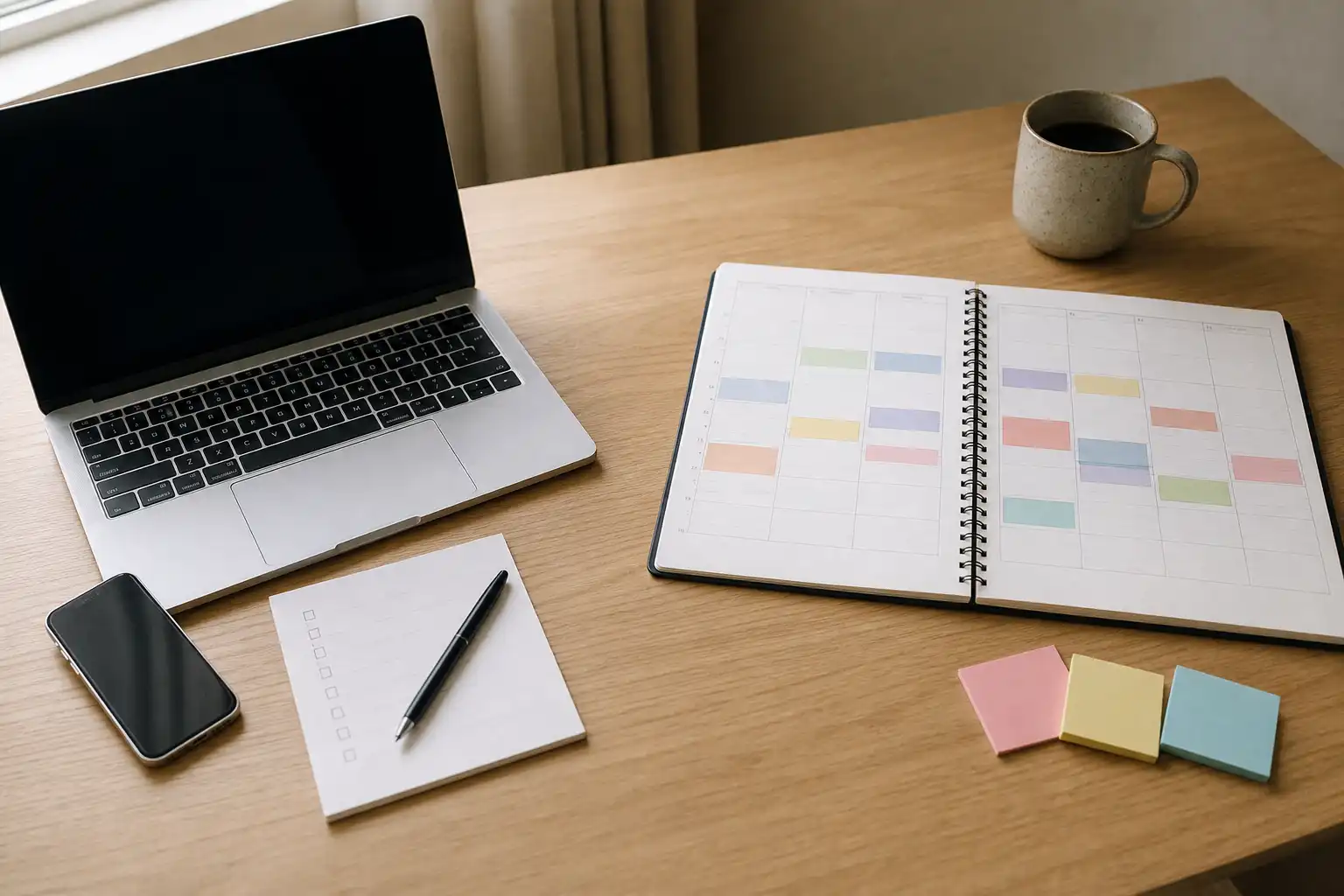 Editorial digital photo of a tidy modern desk in soft morning window light, split visually into two working styles: on the left, a silver laptop beside a small iPhone and a simple paper checklist with a pen; on the right, an open weekly desk calendar with color-coded blank time blocks, a ceramic coffee mug, and a few sticky notes. No people, no logos, no readable text, no app interface screenshots. Overhead three-quarter composition with realistic mundane desk details and generous negative space.