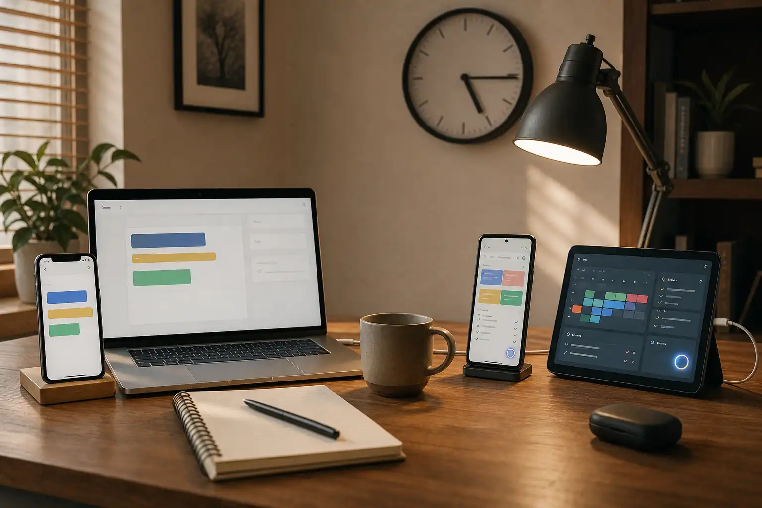 Editorial digital image of a tidy home-office desk at late afternoon, split composition with a silver laptop and iPhone on the left showing a minimalist, uncluttered task-planning interface represented by simple colored blocks, and an Android phone plus small tablet on the right showing a denser dashboard with calendar blocks, checkmarks, and a subtle glowing assistant icon. Include a paper notebook, ceramic coffee mug, charging cable, desk lamp, and a wall clock showing 5:15. No people, no readable text, no logos. Warm natural window light mixed with a soft desk-lamp glow, realistic product-photography style.