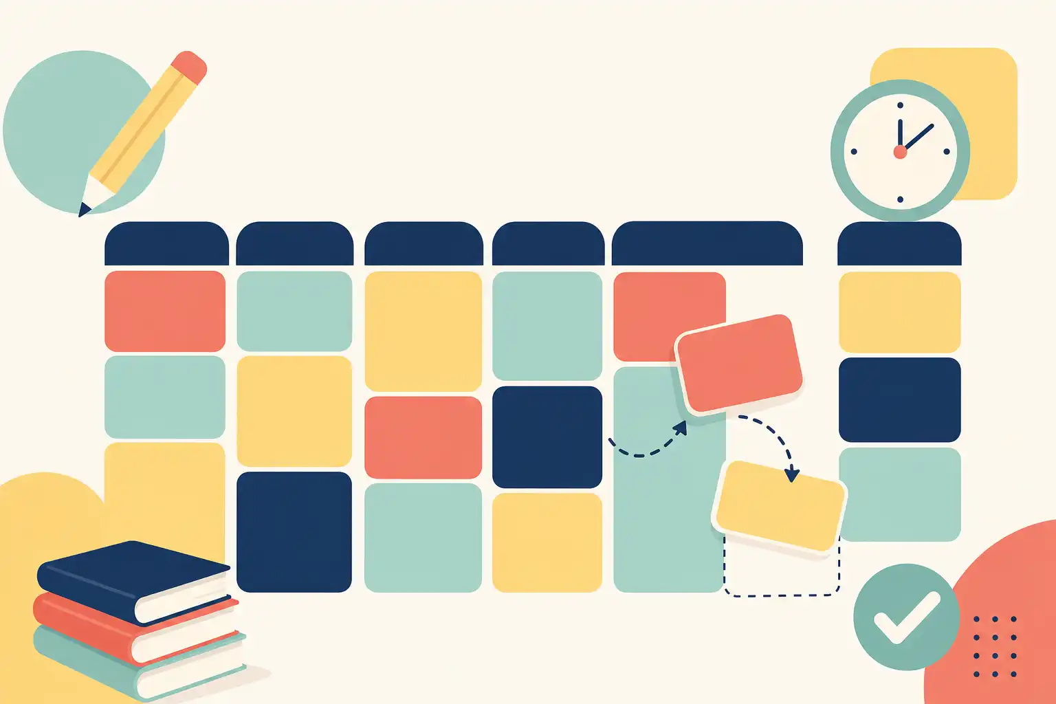Flat computer-designed graphic with an abstract weekly calendar made of overlapping rounded blocks in navy, warm coral, pale yellow, and mint on a soft off-white background. Several blocks are neatly arranged while a few slide and re-stack to suggest a changing student schedule; include simple pencil, book, clock, and checkmark icons as geometric shapes. Clean editorial composition, no text, no people, no phones, no screens, no logos, no photo grain.
