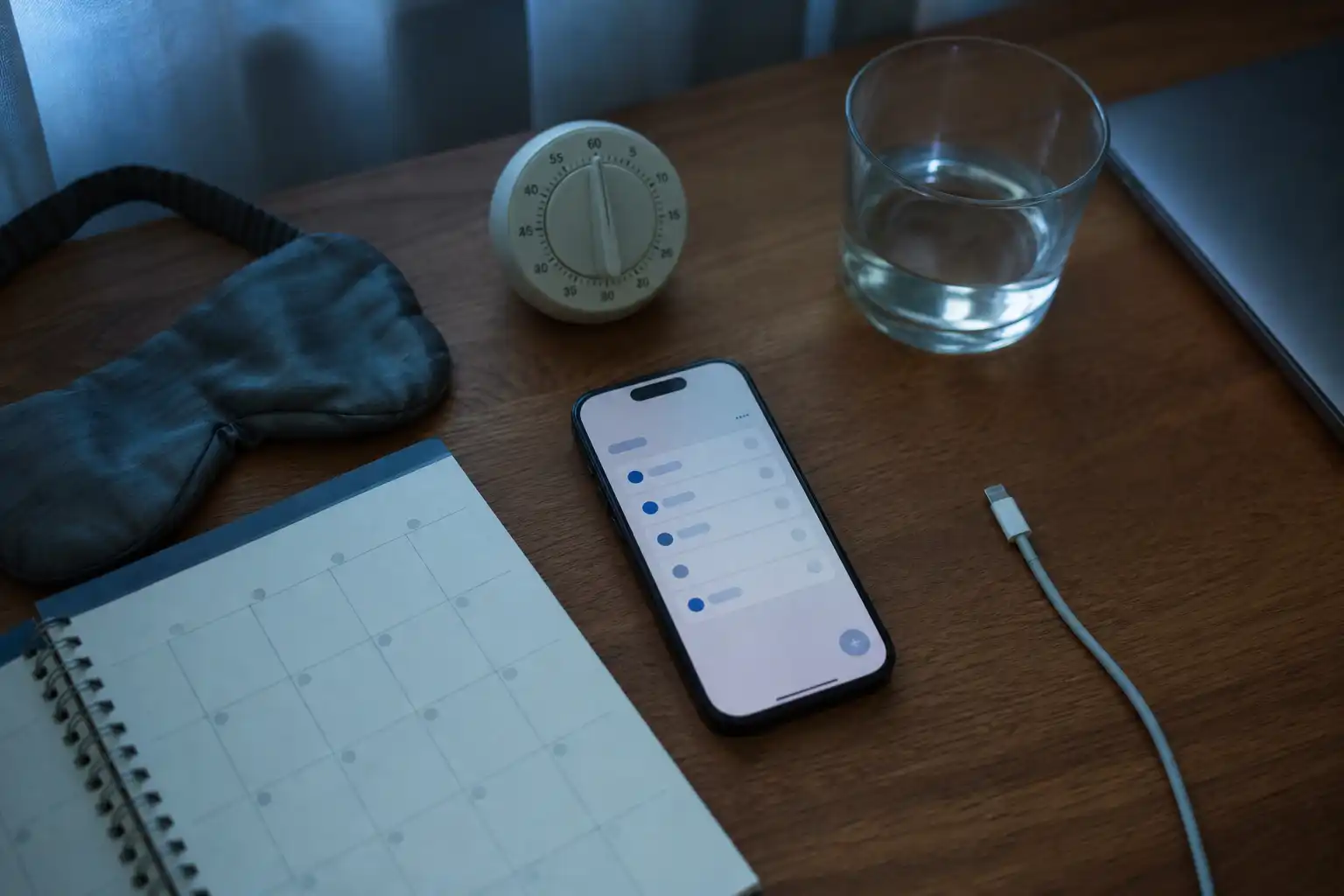 Editorial still-life photograph of a tidy desk in soft early-morning blue light: a smartphone showing an abstract task-list interface with no readable text, a small analog kitchen timer, a paper calendar with blank blocks, a half-full glass of water, closed laptop, charging cable, and a rumpled sleep mask at the edge of the desk. Overhead three-quarter composition, realistic mundane details, calm but slightly tired atmosphere, no people and no visible text.
