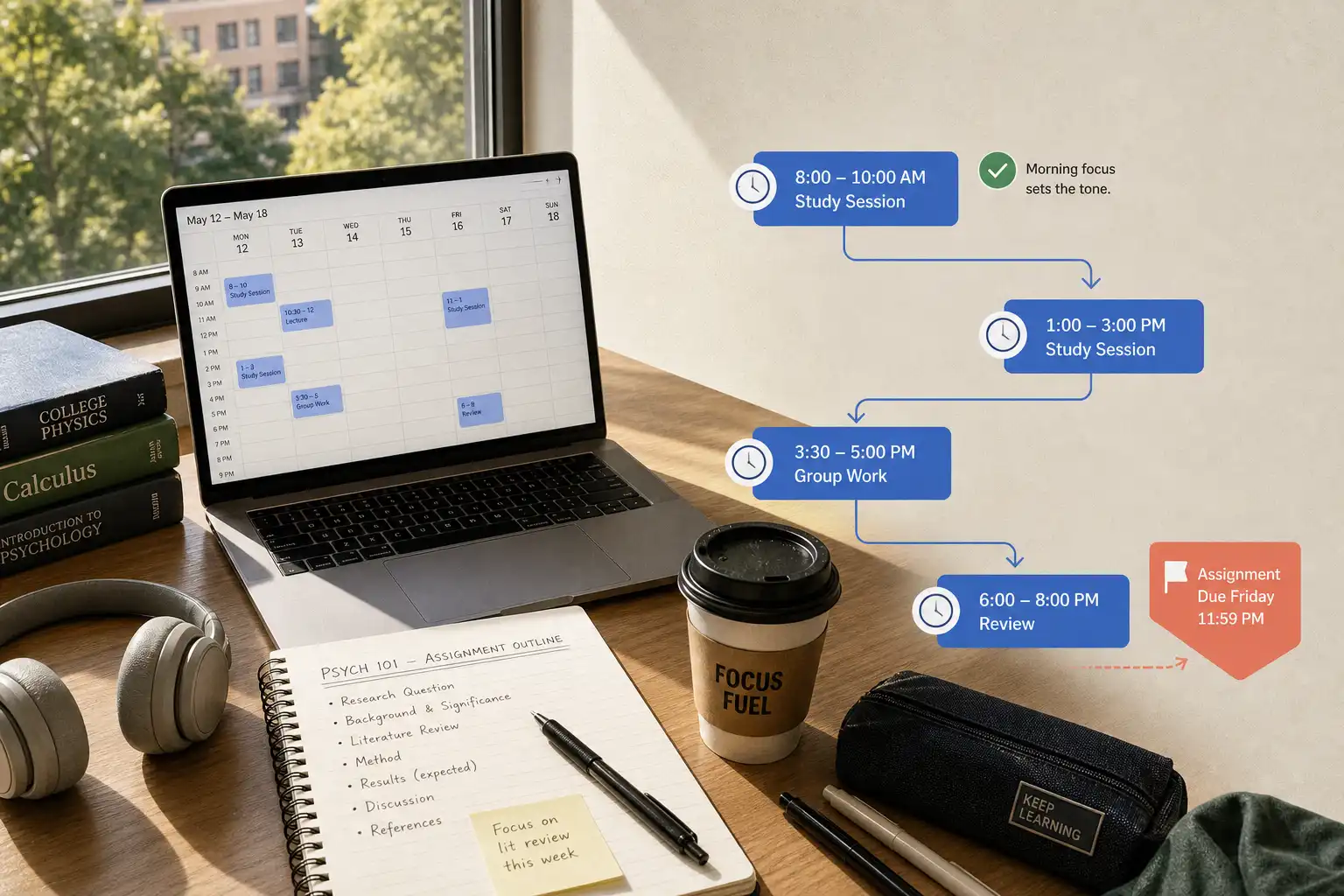 A realistic overhead photograph of a university student’s desk by a bright library window, with an open laptop showing a simple daily calendar, a notebook with an assignment outline, headphones, and a coffee cup; subtle film grain and warm morning light. Flat-designed graphic shapes overlay the photo: clean blue time blocks, a small green checkmark, a coral deadline flag, and thin arrows connecting study sessions across the day, creating a practical calendar-planning visual with generous space for a headline.