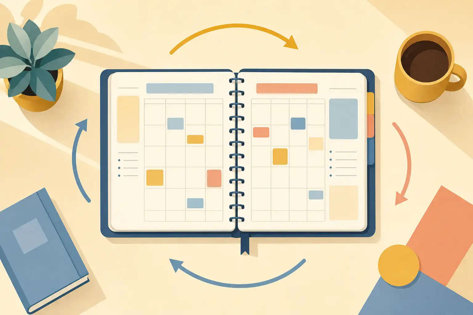 Flat computer-designed graphic of an open student planner on a desk, seen from above, with soft geometric calendar blocks, a small book, a coffee mug, and curved arrows forming a flexible planning loop around the planner. Warm morning-light palette of muted gold, cream, blue, and coral, with no people, hands, feet, or readable text. Clean modern composition with generous empty space and no photo grain.