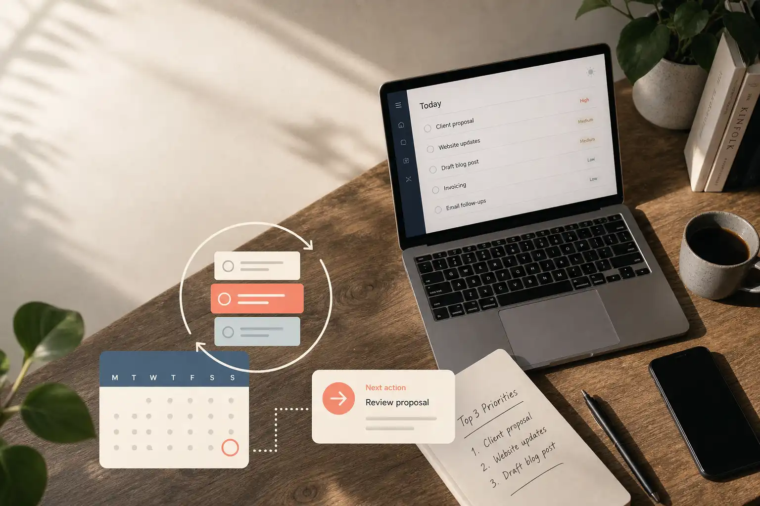 A realistic overhead photograph of a freelancer’s wooden desk in soft early-morning window light, with an open laptop showing a clean task list, a phone, coffee, and a handwritten note with three short work priorities. Flat-designed translucent graphic shapes overlay the photo: a simple circular routine arrow around small task cards, a calendar block, and a highlighted next-action card, using muted blue, coral, and cream. Add subtle film grain to the photographic desk area, keep the graphic elements crisp and minimal, and leave clear negative space in the upper left for article text.