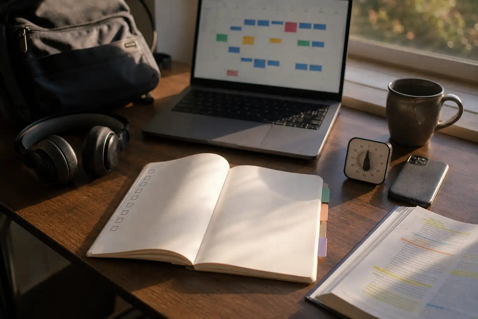 A realistic editorial photo of a quiet student desk in late-afternoon window light, with an open notebook showing only blank checkboxes and simple colored divider tabs, a laptop displaying indistinct calendar-like blocks with no readable text, a phone face-down beside a small analog timer, headphones, a backpack, a coffee mug, and a few highlighted textbook pages. Compose the objects in three subtle clusters to suggest deadlines, next actions, and routines. No people, logos, or readable text.