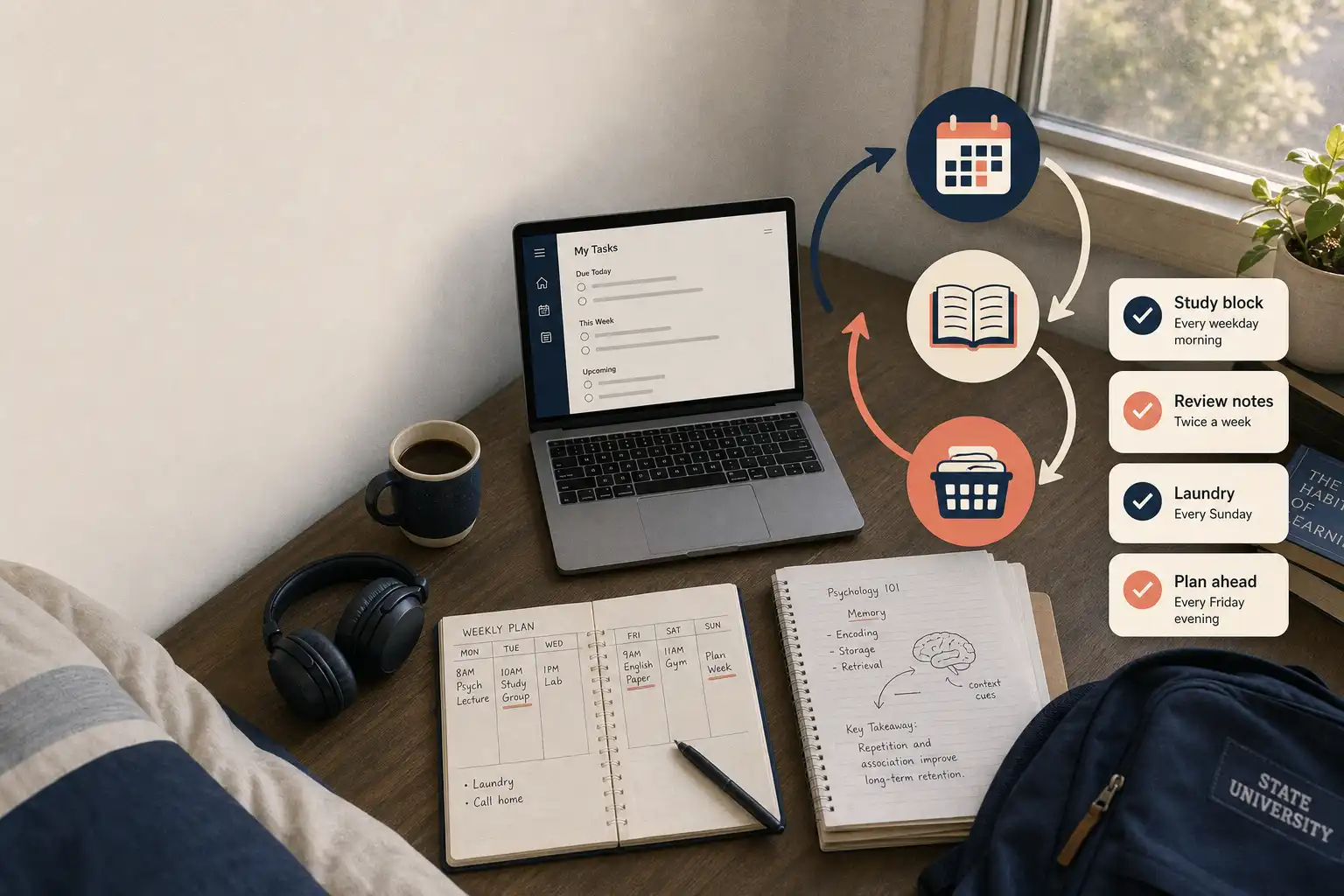 Top-down realistic photograph of a university student’s desk by a dorm-room window in soft early-morning light: an open laptop showing an abstract task list, a paper planner, class notes, a coffee mug, headphones, and a backpack partly in frame. Add subtle film grain to the photographic scene. Overlay flat-designed graphic elements: three clean colored loop arrows connecting small calendar, book, and laundry-basket icons, plus a few rounded checkmark cards arranged along the right side to show flexible recurring routines. Use a calm navy, warm cream, and muted coral palette, with generous negative space in the upper-left for a headline.