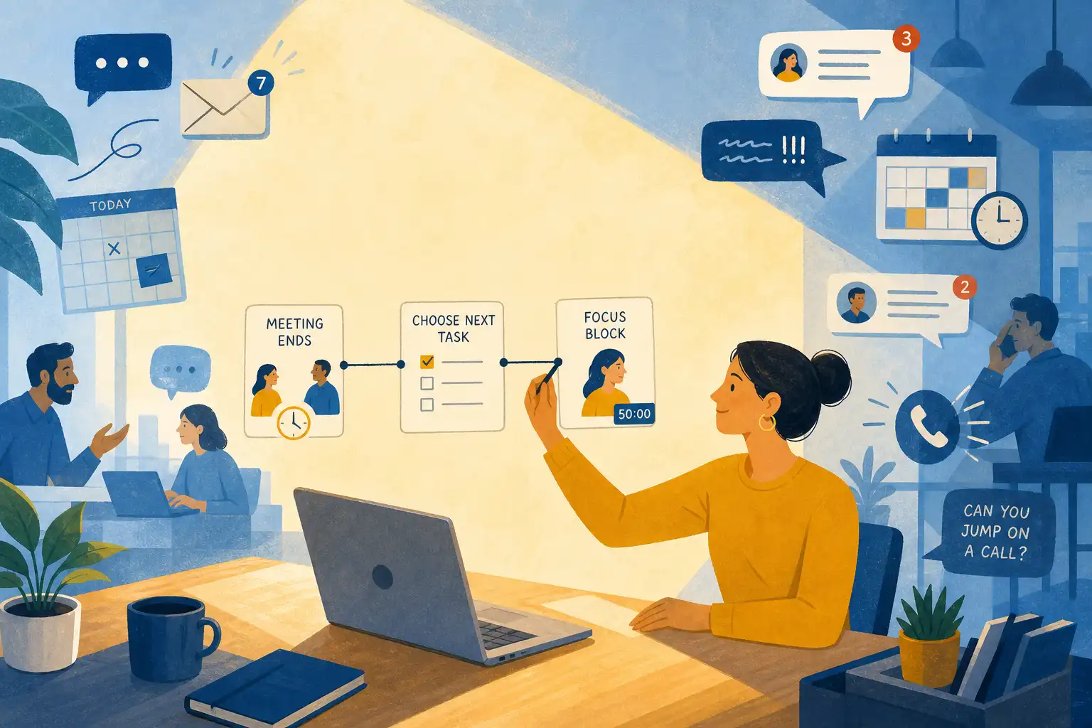 Stylized editorial illustration of a busy professional at a desk in a modern shared office, calmly connecting small floating routine cards with a simple line: meeting ends, choose next task, focus block. Around them, abstract message bubbles, calendar blocks, and ringing phone symbols swirl at the edges but do not touch the central workspace. Warm morning light falls on the desk while cool blue distractions stay in the background; clean flat shapes, textured paper-like colors, expressive but non-photorealistic figures, wide horizontal composition with room for a headline.