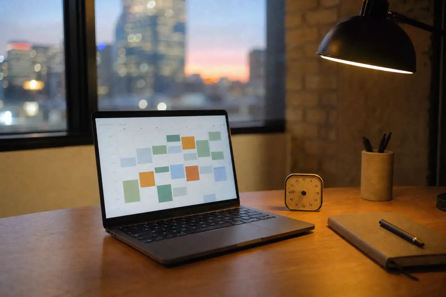 A quiet modern office desk at dusk with an open laptop showing an abstract calendar grid made of muted colored blocks with no readable text, a small analog timer, a closed notebook, and a single pen arranged neatly beside a window with soft city lights outside; no people, hands, or feet. Shot on Fujifilm X100V, 35mm, f/2, ISO 800, with warm practical desk-lamp lighting, shallow depth of field, slight motion blur, subtle digital noise, and natural imperfect texture.